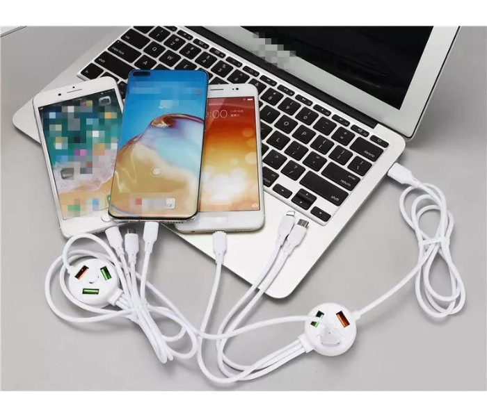 6 In 1 3 Plug 3 Usb port 3.1A Extended Mobile Data Cable for iPhone + Micro USB + Type-c - White - Zoom Image 7