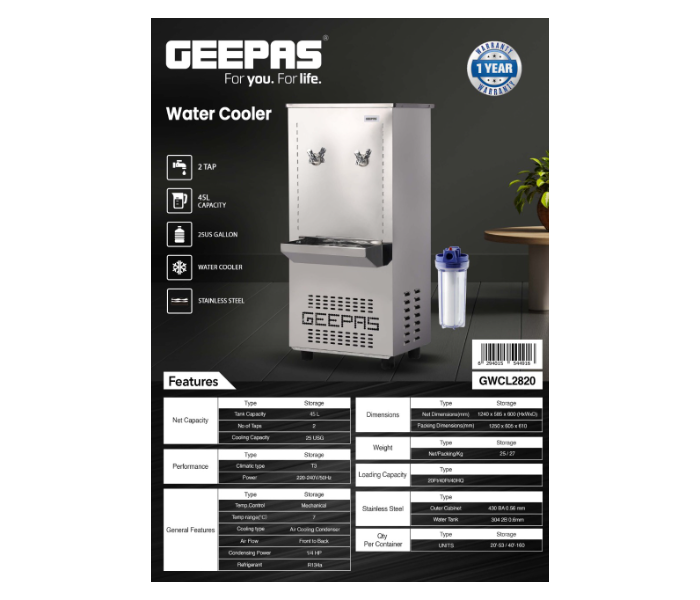 Geepas GWCL2820 25 Gallons 2 Tap Stainless Steel Water Cooler - Silver - Zoom Image 2