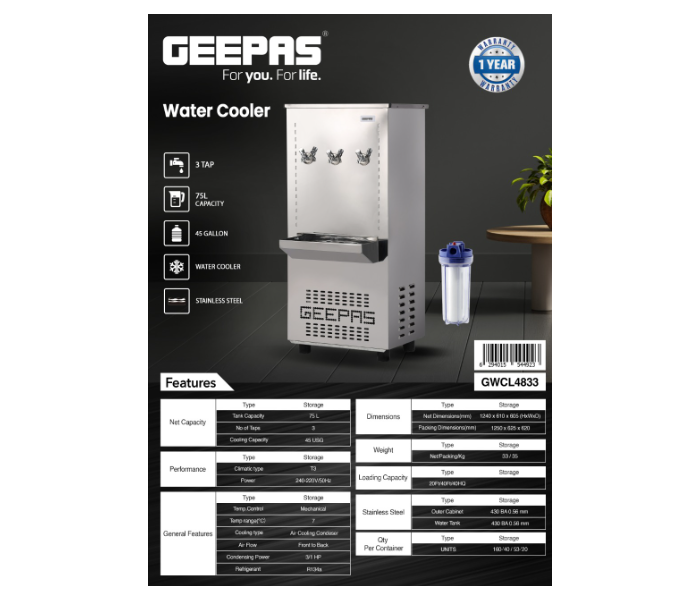 Geepas GWCL4833 45 Gallons 3 Tap Stainless Steel Water Cooler - Silver - Zoom Image 2