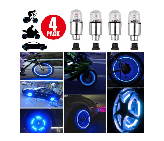 Car Auto Bicycle Motorcycle Bike Wheel Tire Valve Cap LED Reflective 4 Pieces Set Battery Included - Blue - Zoom Image