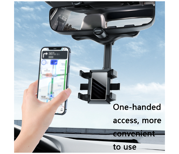 Generic 360 Car Rearview Mirror Mount Phone Holder Rotatable and Retractable Adjustable Length Car Phone Holder - Black - Zoom Image 1