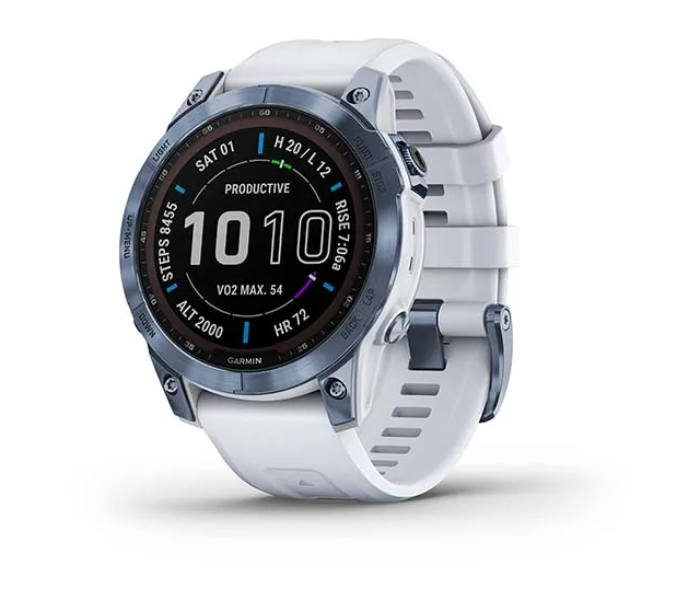 Garmin 010-02540-25 Fenix 7 Sapphire Solar Edition Mineral Blue DLC Titanium with Whitestone Band - Zoom Image 1