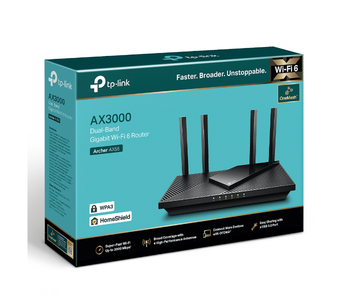 TP-Link Archer AX55 AX3000 Dual Band Gigabit Wi-Fi 6 Router - Black - Zoom Image 4