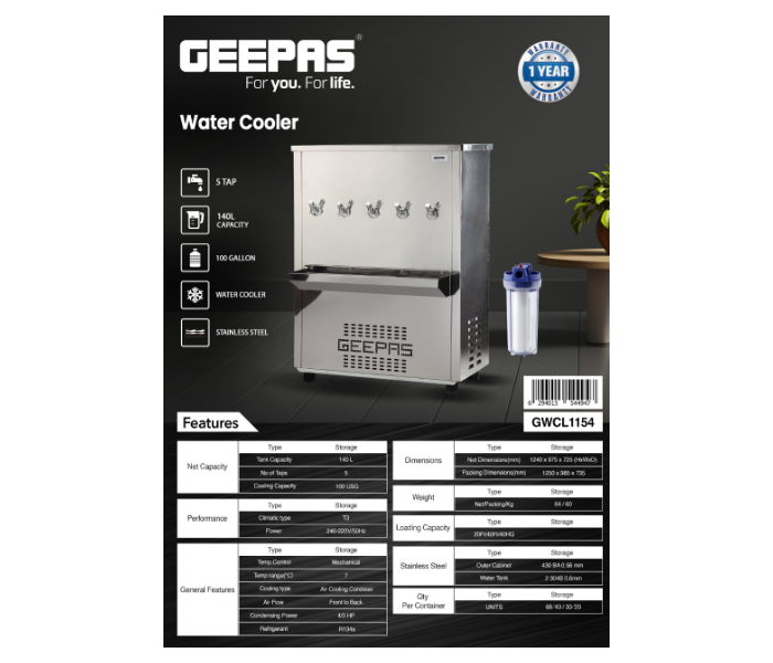 Geepas GWCL1154 100 Gallons 5 Tap Stainless Steel Water Cooler - Silver - Zoom Image 2