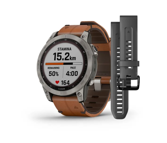 Garmin 010-02540-31 Fenix 7 Sapphire Solar Edition Titanium with Chestnut Leather Band - Zoom Image 1