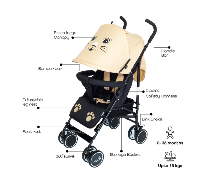 Moon MNBGSBE07 Safari Stroller Cat Character for Babies - Black and Beige - Zoom Image 2