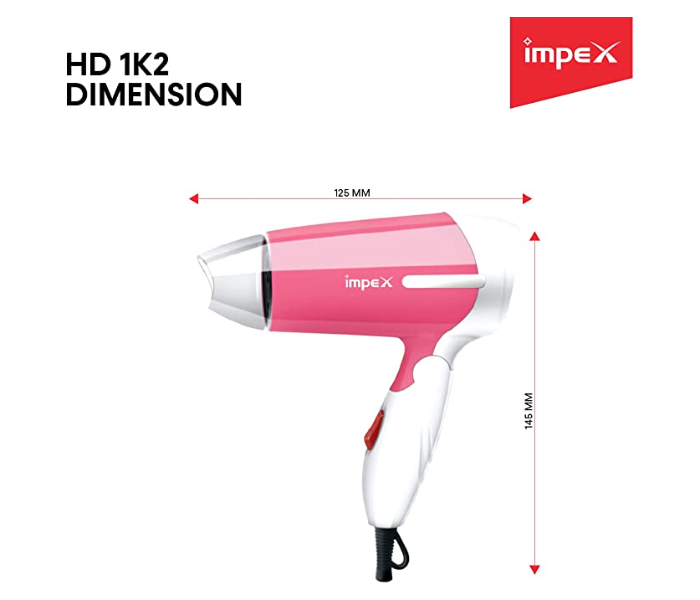 Impex HD-1K2 Foldable Handle Hair Dryer - Pink and White - Zoom Image 3