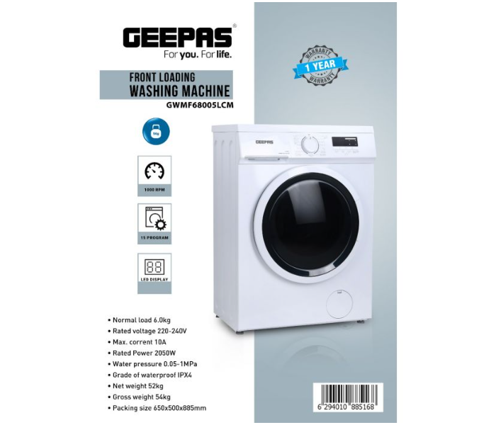 Geepas GWMF71200LCJ Front Load Washing Machine 1000rpm - White - Zoom Image 4