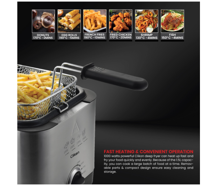 Clikon CK355 1.5 Litre Brushed Stanless Steel Interiors Deep Fryer - Silver and Black - Zoom Image 2