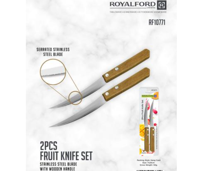 Royalford RF10771 2 Piece Fruit Knife Set with Wooden Handle - Silver and Brown - Zoom Image 2