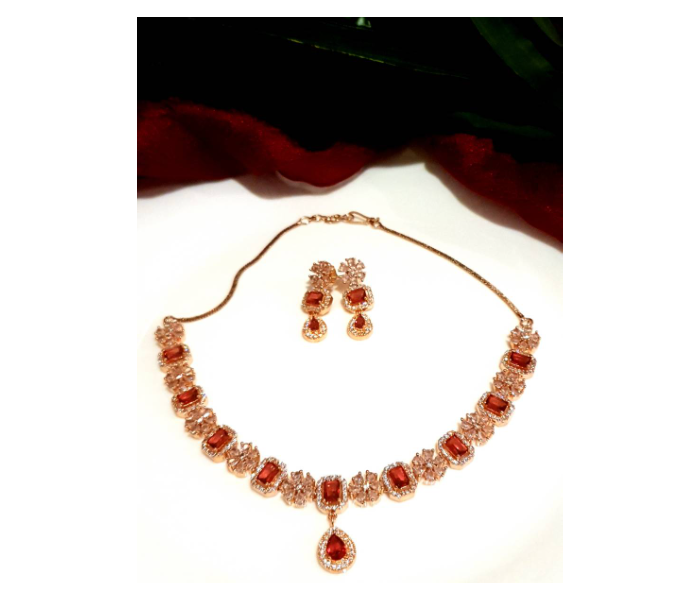 Strabella NC2014 Premium Quality American Diamond Necklace Set with Ad Stone - Gold and Red - Zoom Image