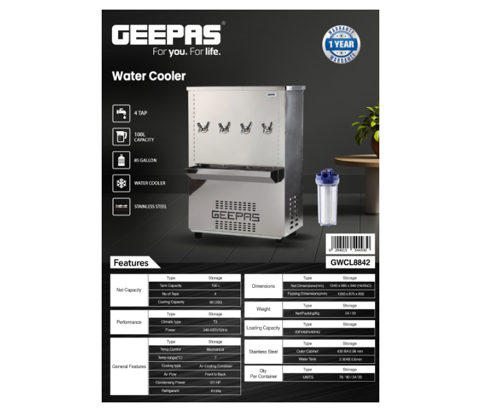 Geepas GWCL8842 85 Gallons 4 Tap Stainless Steel Water Cooler - Silver - Zoom Image 2