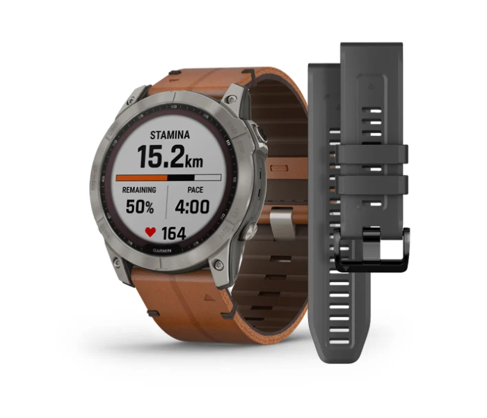 Garmin 010-02541-19 Fenix 7X Sapphire Solar Edition Titanium with Chestnut Leather Band - Zoom Image 1