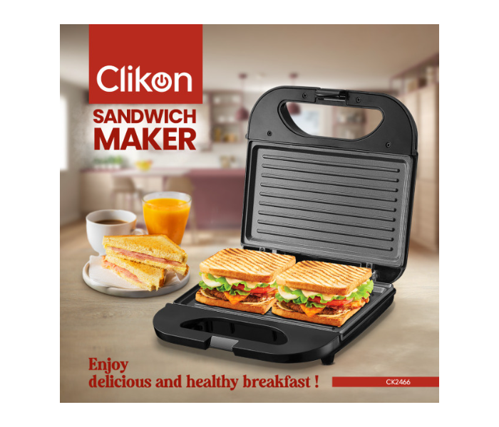 Clikon CK2466 2 Slice Contact Grill Sandwich Maker With Heat Insulated Handle - Black and Silver  - Zoom Image 1