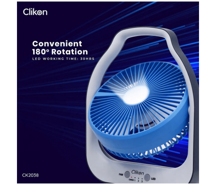 Clikon CK2038 8 Inch Rechargeable Fan With Light - White and Blue - Zoom Image 1