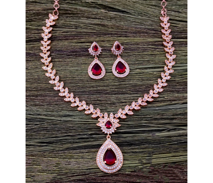 Strabella NC2013 Premium Quality American Diamond Necklace Set With Ad Stone for Women - Silver and Red - Zoom Image