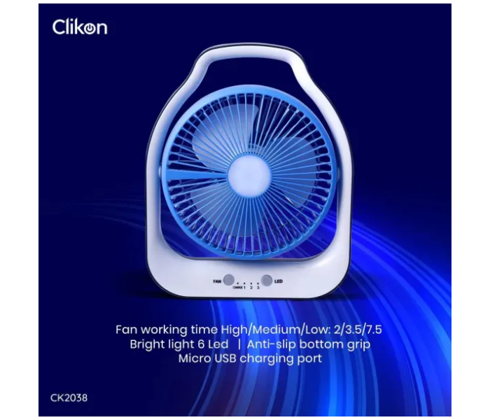 Clikon CK2038 8 Inch Rechargeable Fan With Light - White and Blue - Zoom Image 2