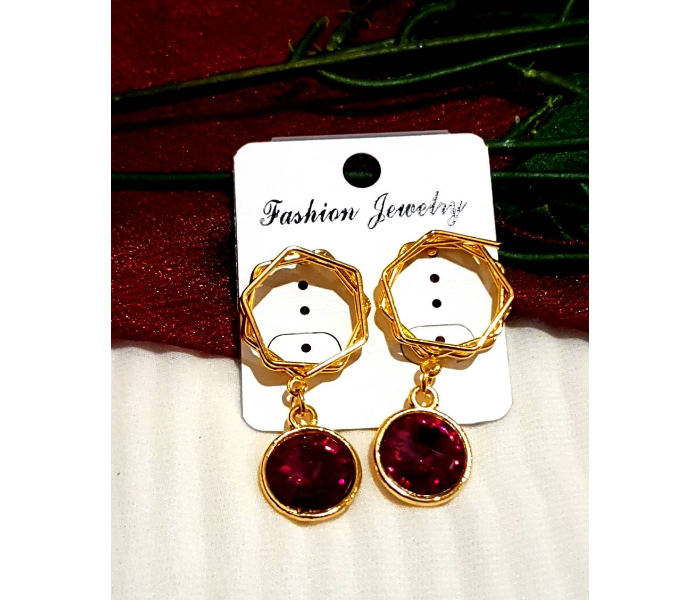 Strabella TSB23b Hanging Earrings With Single Stone for Women - Pink and Gold - Zoom Image