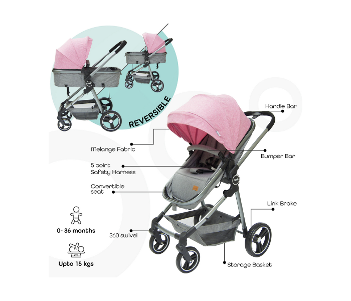 Moon MNBGSGP02 Pro 2 in 1 Stroller for Babies - Pink - Zoom Image 2