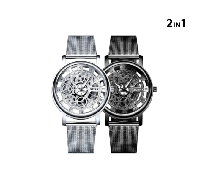 FLLi Combo Pack of 2 Machinery Design Analog Watch - Black and Silver - Zoom Image 5