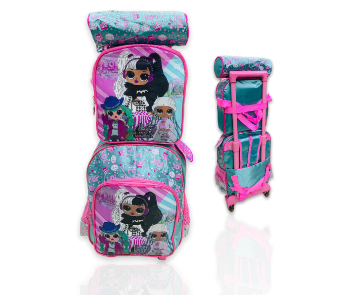 3 Piece Snow White Printed Nylon Wheeled School Bag Set - Pink and Blue - Zoom Image