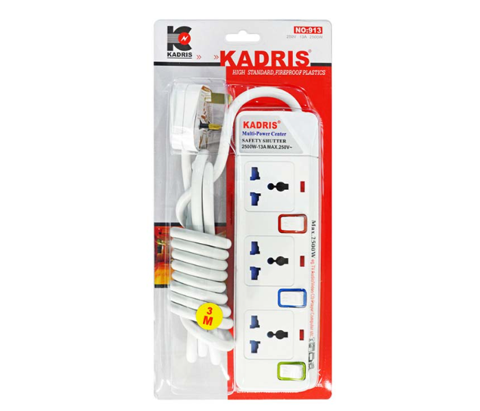 Kadris KD913-3m 3 Way 3 Meter Fire-Resistant Plastic Extension Cord - White - Zoom Image