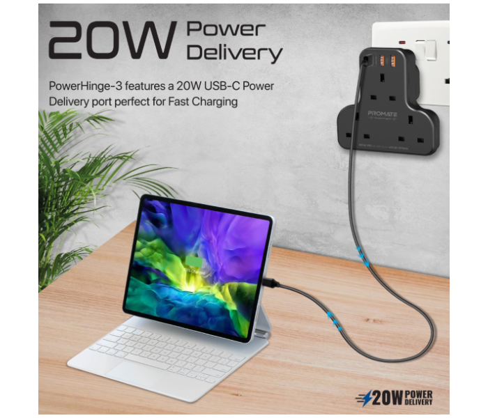 Promate POWERHINGE-3 3250W 3 AC Outlets Power Strip - Black - Zoom Image 5