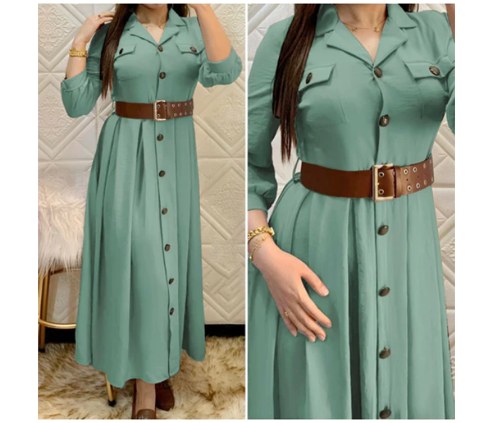 Pleated A337 XXXL Turkish Buttoned Ayrobin Dress with Belt for Women - Green - Zoom Image