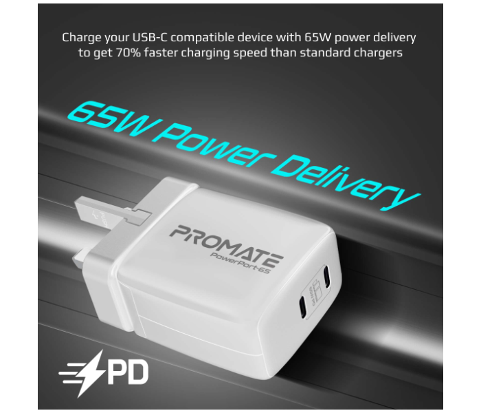 Promate POWERPORT-65W Universal USB-C Power Delivery GaN Charger UK - White - Zoom Image 3