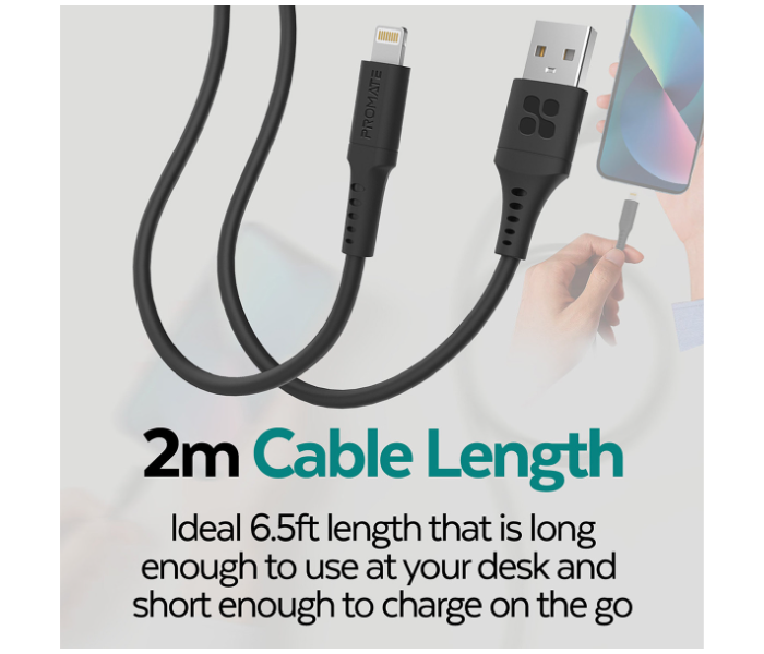 Promate PowerLink-Ai200 2m Cord USB-A to Lightning Cable with 2.4V Output - Black - Zoom Image 6