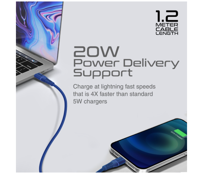 Promate POWERLINE-CI120 20W 1.2m Cord USB-C to Lightning Cable PD - Blue - Zoom Image 5