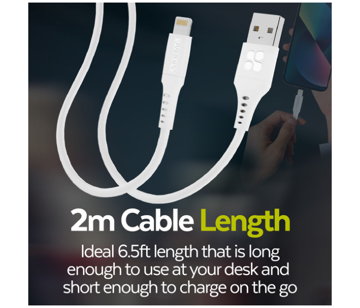 Promate PowerLink-Ai200 2m Cord USB-A to Lightning Cable with 2.4V Output - White - Zoom Image 6