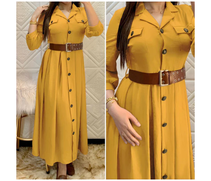 Pleated A337 XXXL Turkish Buttoned Ayrobin Dress with Belt for Women - Yellow - Zoom Image