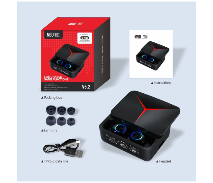 TWS Bt5.2 M90 PRO Wireless Gaming Earbuds - Black - Zoom Image