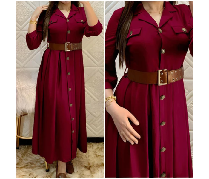 Pleated A337 XL Turkish Buttoned Ayrobin Dress with Belt for Women - Maroon - Zoom Image