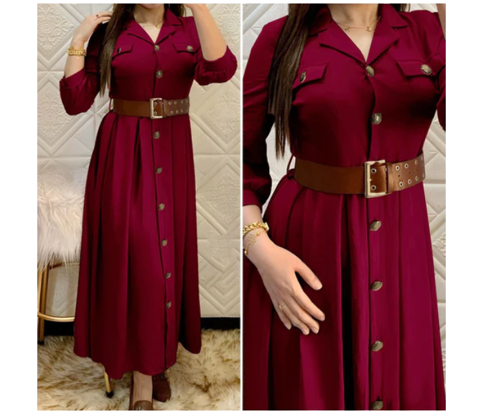 Pleated A337 XXXL Turkish Buttoned Ayrobin Dress with Belt for Women - Maroon - Zoom Image