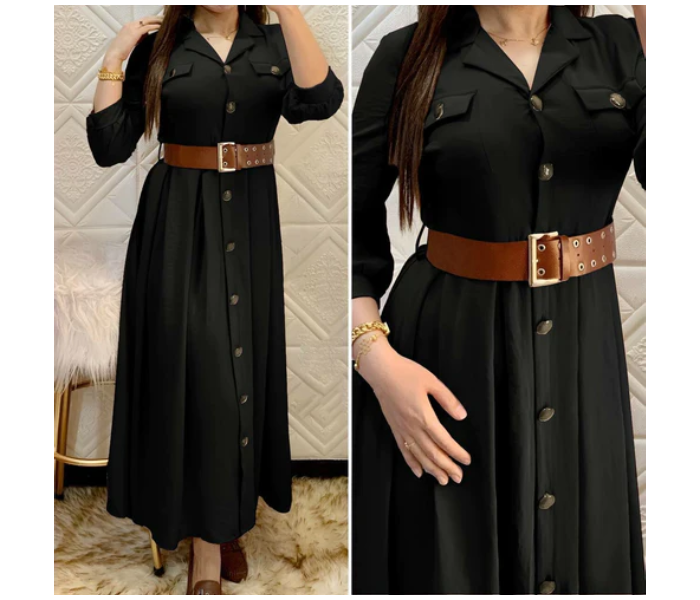 Pleated A337 XXL Turkish Buttoned Ayrobin Dress with Belt for Women - Black - Zoom Image