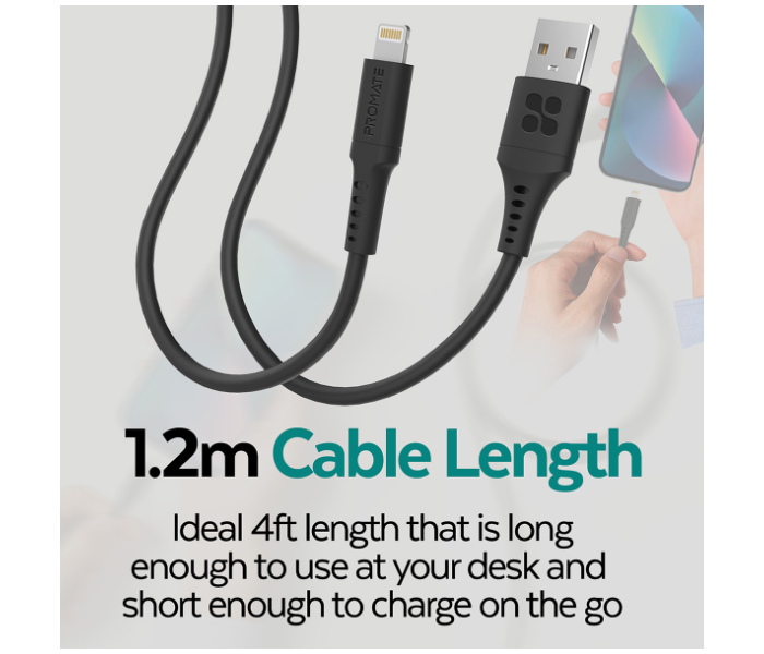 Promate PowerLink-Ai120 1.2m Cord USB-A to Lightning Cable with 2.4V Output - Black - Zoom Image 6