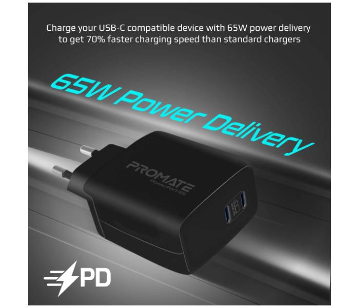 Promate POWERPORT-65W Universal USB-C Power Delivery GaN Charger EU - Black - Zoom Image 3