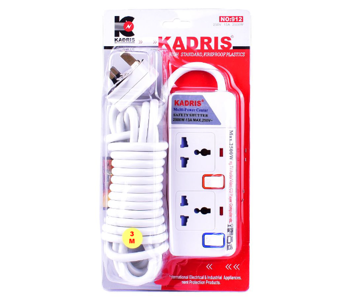 Kadris KD912-3m 2 Way 3 Meter Fire-Resistant Plastic Extension Cord - White - Zoom Image