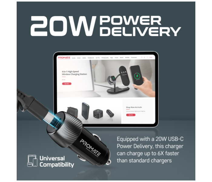 Promate PowerDrive-33PDI 20W Car Charger with Cable - Black - Zoom Image 3