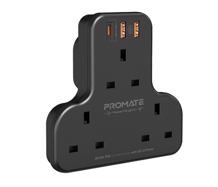 Promate POWERHINGE-3 3250W 3 AC Outlets Power Strip - Black - Zoom Image 1