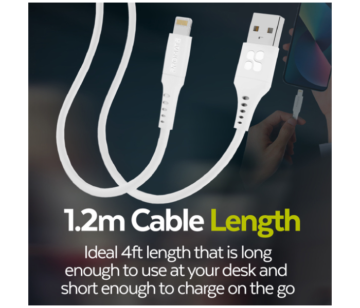 Promate PowerLink-Ai120 1.2m Cord USB-A to Lightning Cable with 2.4V Output - White - Zoom Image 6