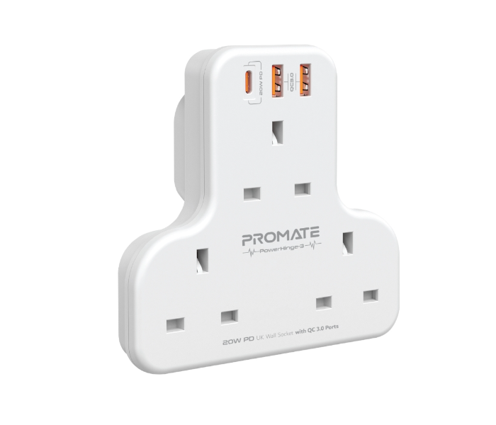 Promate POWERHINGE-3 3250W 3 AC Outlets Power Strip - White - Zoom Image 1