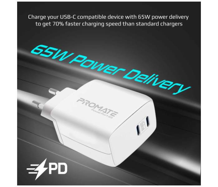 Promate POWERPORT-65W Universal USB-C Power Delivery GaN Charger EU - White - Zoom Image 3