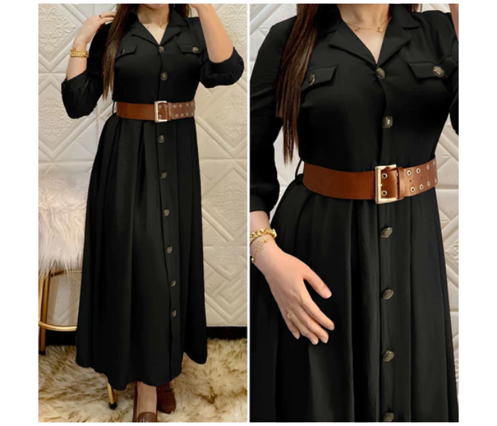 Pleated A337 XXXL Turkish Buttoned Ayrobin Dress with Belt for Women - Black - Zoom Image