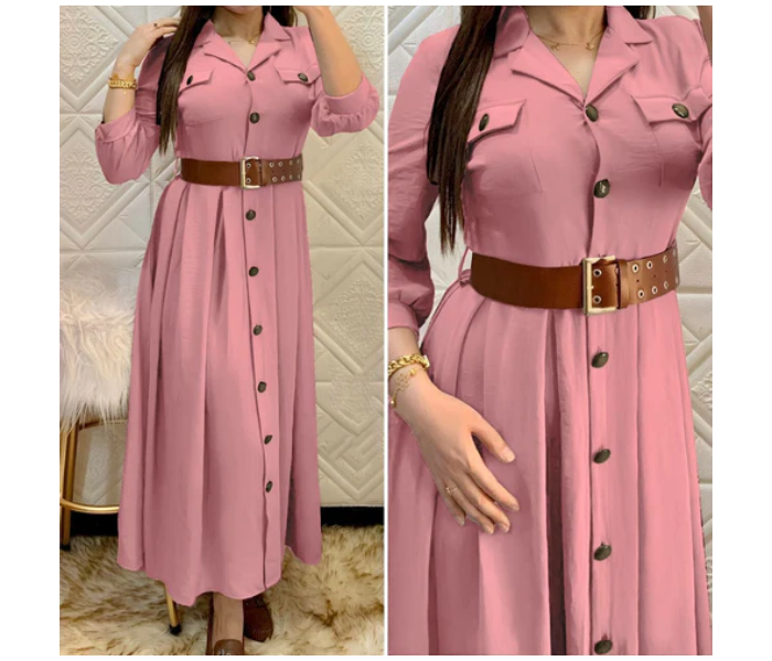 Pleated A337 XXL Turkish Buttoned Ayrobin Dress with Belt for Women - Pink - Zoom Image