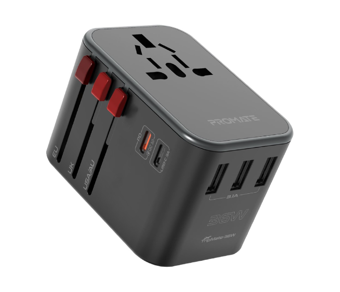 Promate TRIPMATE-36W Travel Adapter with AC Socket - Black - Zoom Image 1