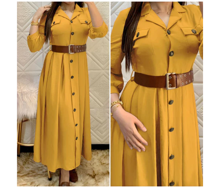 Pleated A337 XXL Turkish Buttoned Ayrobin Dress with Belt for Women - Yellow - Zoom Image