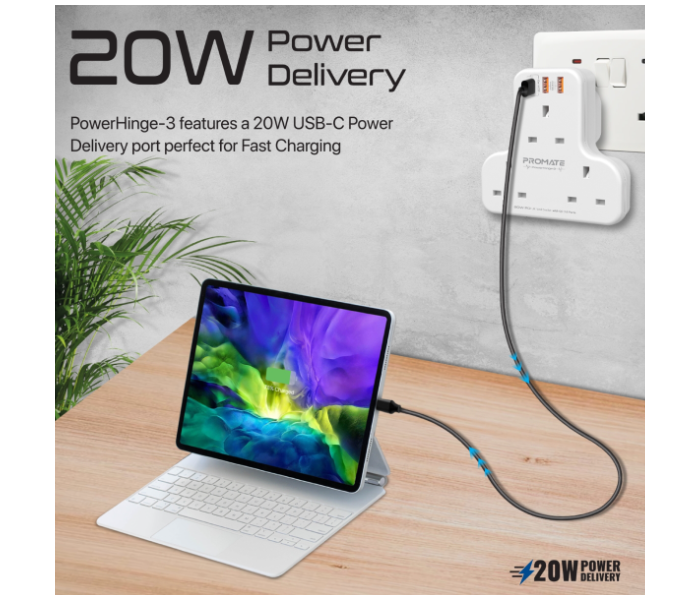 Promate POWERHINGE-3 3250W 3 AC Outlets Power Strip - White - Zoom Image 5